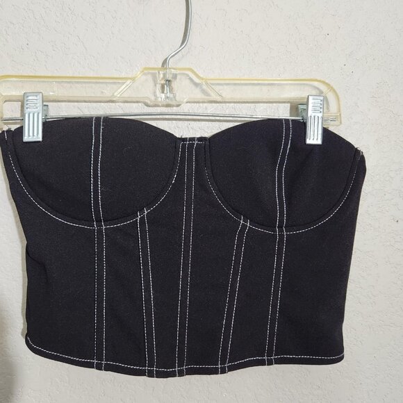 Nasty Gal Bustier Crop Top Womens US 4 Black White Stitch Strapless Zip Back - Picture 1 of 11